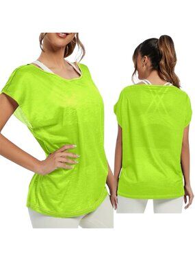 Soybu Lime Green Sheer Batwing Athletic Workout Top Size Medium